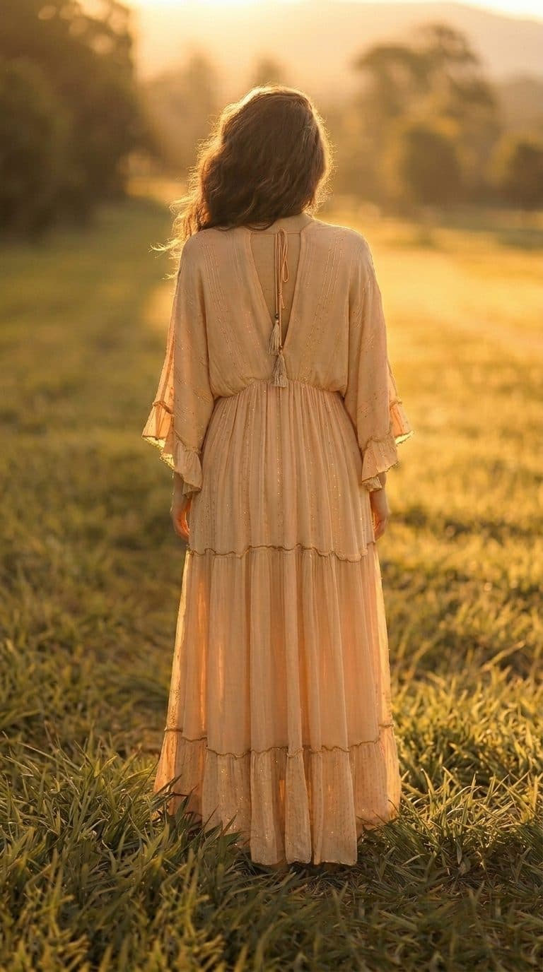 Vestido Longo Aurora visto de costas ao pôr do sol