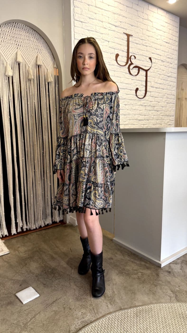 Vestido Curto Ombro a Ombro Boho — foto 1