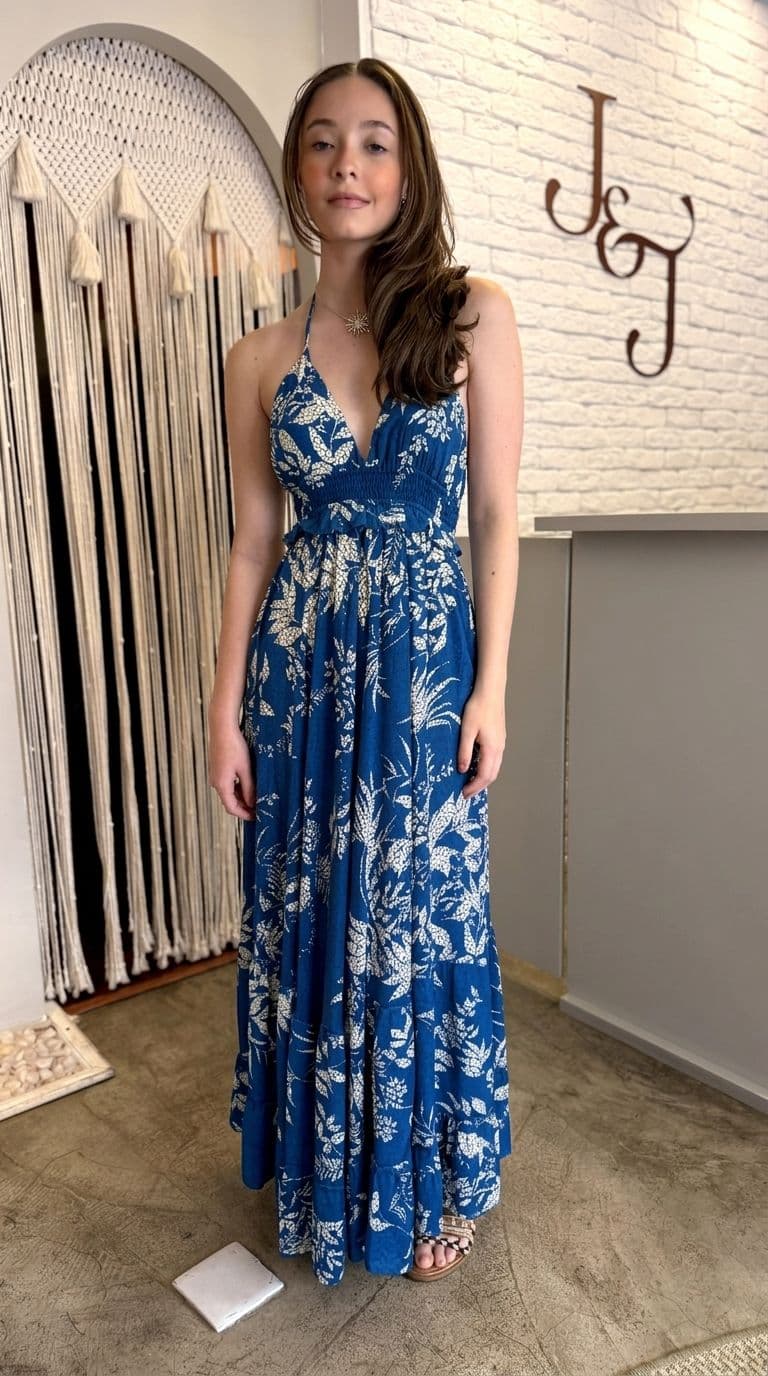 Vestido Frente Única Folhas Índigo — foto 1