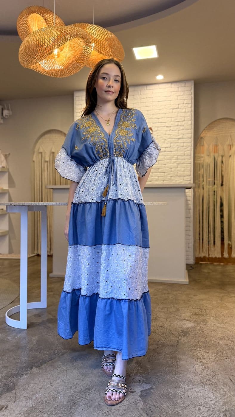 Vestido Longo Patchwork Azul — foto 1